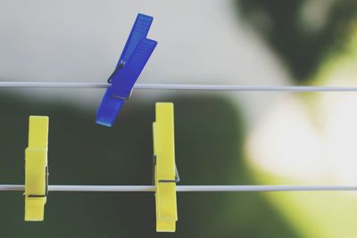 Close-up of plastic clips on wire