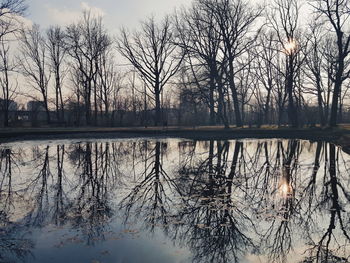 Reflection of bare trees in lake against sky