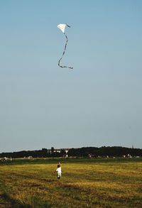Rear view of boy running with kite on grassy field