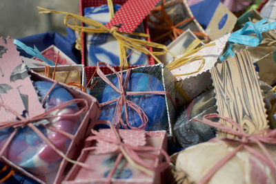 High angle view of ropes tied up in box