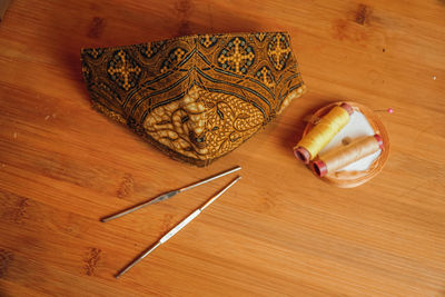 High angle view of bread on wooden table