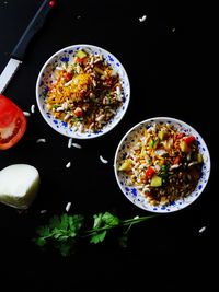 High angle view of meal served on table