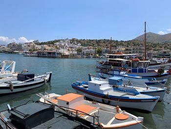 Sailboats moored in harbor against clear sky