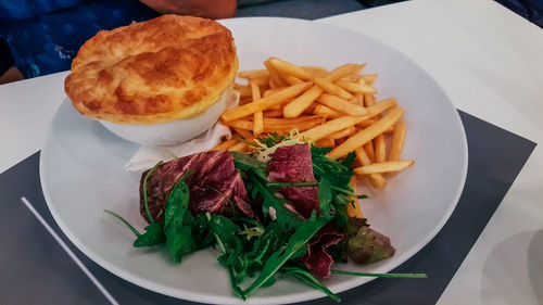 High angle view of food served on table