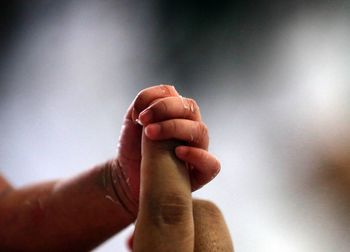 Cropped image of baby and parent holding hands