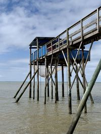 Low angle view of pier on sea against sky