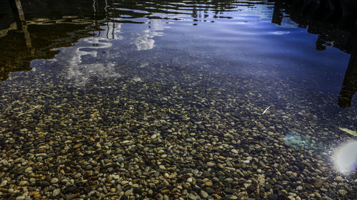 High angle view of rocks in lake