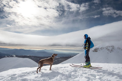 View of a dog on snow covered mountain