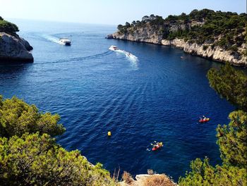 High angle view of boats in sea