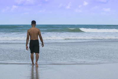 Rear view of man standing on beach