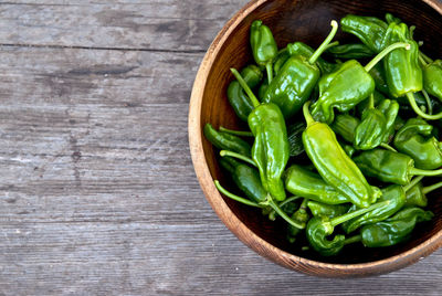 High angle view of peppers in bowl on wooden table