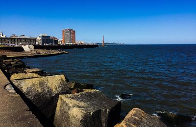 Scenic view of sea against clear blue sky