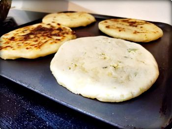 High angle view of bread in plate on table