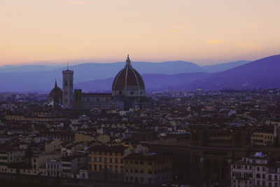 High angle view of townscape against sky at sunset