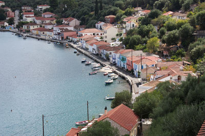 Town and port of vathy, on the island of ithaka, ionian sea of greece