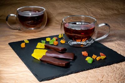 High angle view of drinks on table