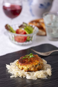 Close-up of food served on table