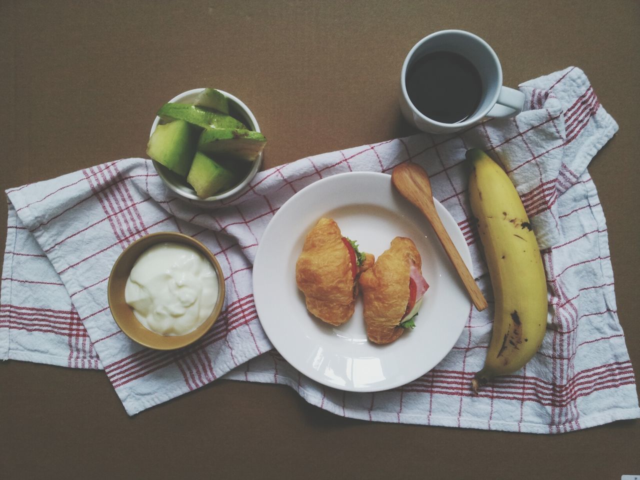 food and drink, food, freshness, plate, indoors, ready-to-eat, table, still life, healthy eating, serving size, breakfast, meal, bread, high angle view, fork, drink, directly above, served, indulgence, bowl