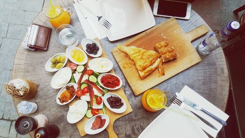 High angle view of breakfast on table