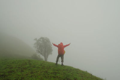 Rear view of man standing on mountain against sky