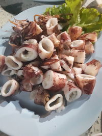 High angle view of mushrooms in plate