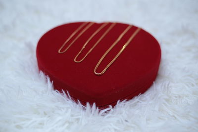 Close-up of gold chain on red heart shape