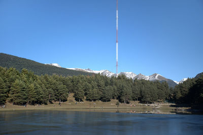 Scenic view of lake and mountains against clear blue sky