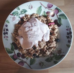 High angle view of ice cream in plate on table