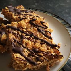 Close-up of stem ginger with chocolate and oats served in plate