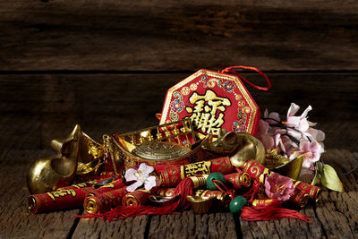 High angle view of christmas decoration on table