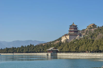 Building by lake against clear blue sky