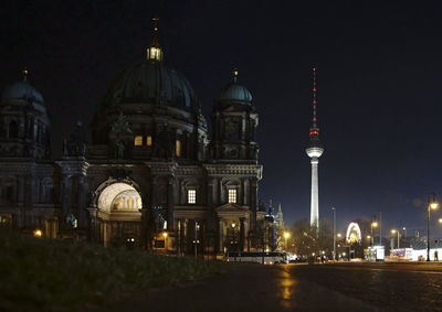 View of illuminated cathedral at night