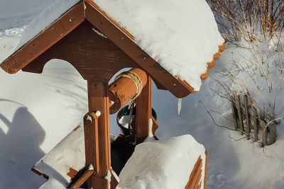 High angle view of snow covered field