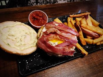 High angle view of food served on table