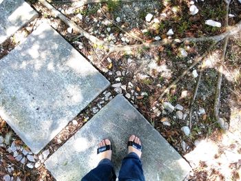 Low section of woman standing on stepping stone 