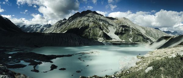 Panoramic view of lake against mountain range