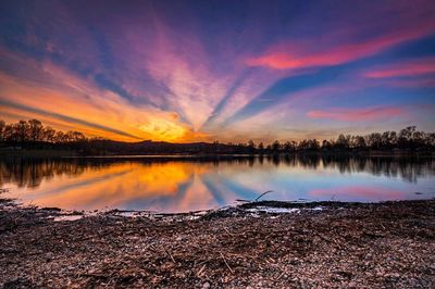 Scenic view of lake against sky at sunset