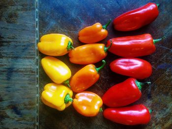 High angle view of bell peppers on table