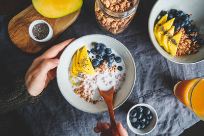 High angle view of breakfast served on table