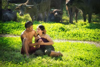 Couple romancing while sitting against cows on grassy field