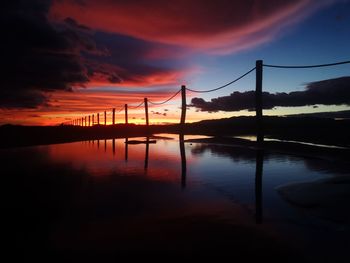 Silhouette bridge over bay against sky during sunset