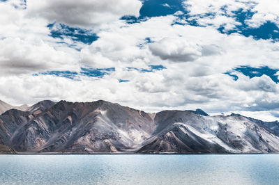 Calm lake against rocky mountains