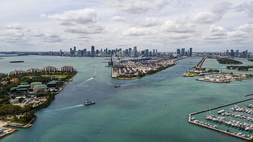 High angle view of cityscape against cloudy sky