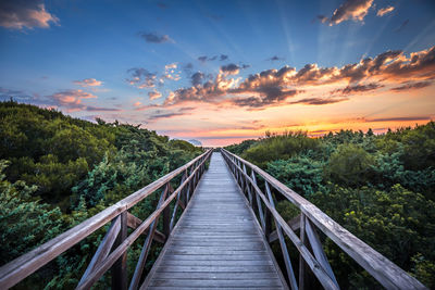 Footbridge over plants against sky during sunset