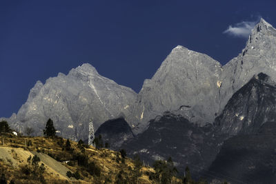 Scenic view of snow mountains against blue sky