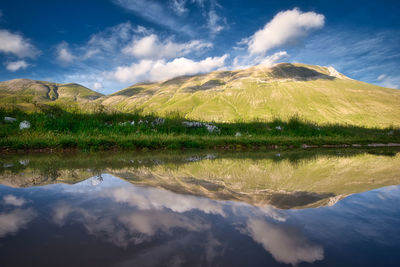 Scenic view of lake and mountains against sky