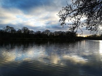 Scenic view of lake against sky at sunset