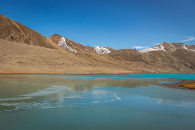 Scenic view of lake and mountains against clear blue sky