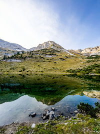 Scenic view of lake and mountains against sky