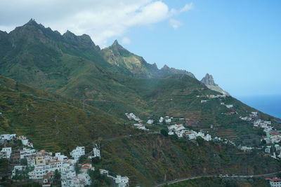 Scenic view of mountains and sea against sky